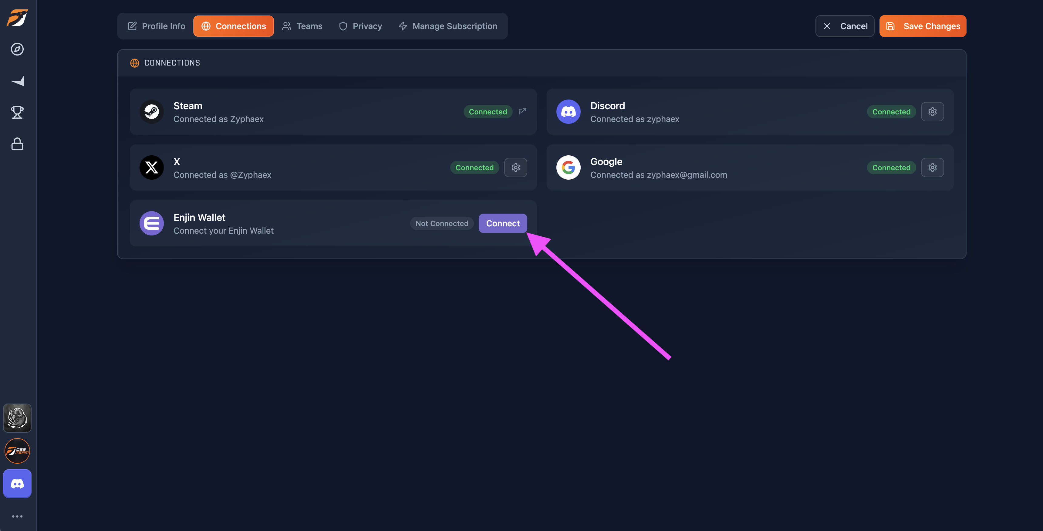 Connections tab with Enjin connect button